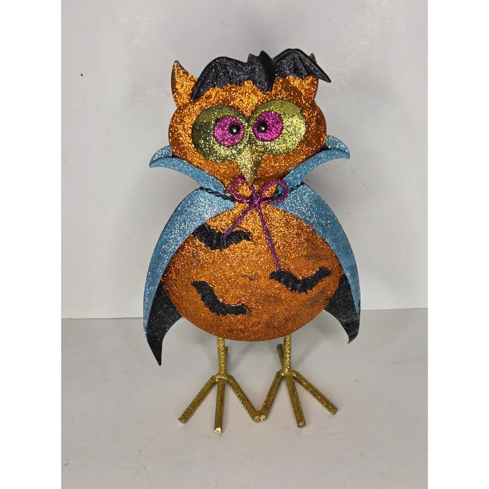 Halloween Vampire Owl Metal Glitter Tabletop Figurine Blue Cape Bat Decor 11.5in
